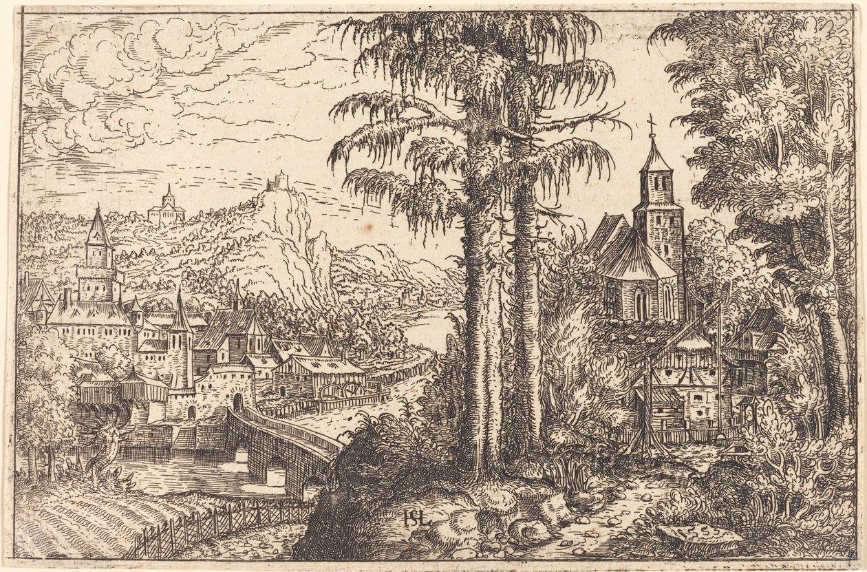 Veduta di una città vicino a un fiume con una chiesa a destra da Hans Sebald Lautensack