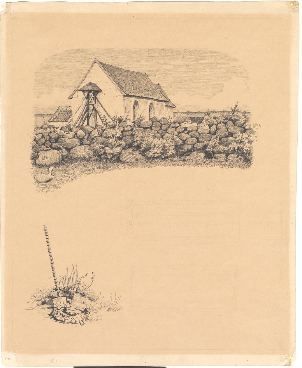 Illustrazione per St. St. Blicher: "Mowns". In primo piano: chiesa dietro un muro di pietra; in basso: tomba (?) con pala da Hans Smidth