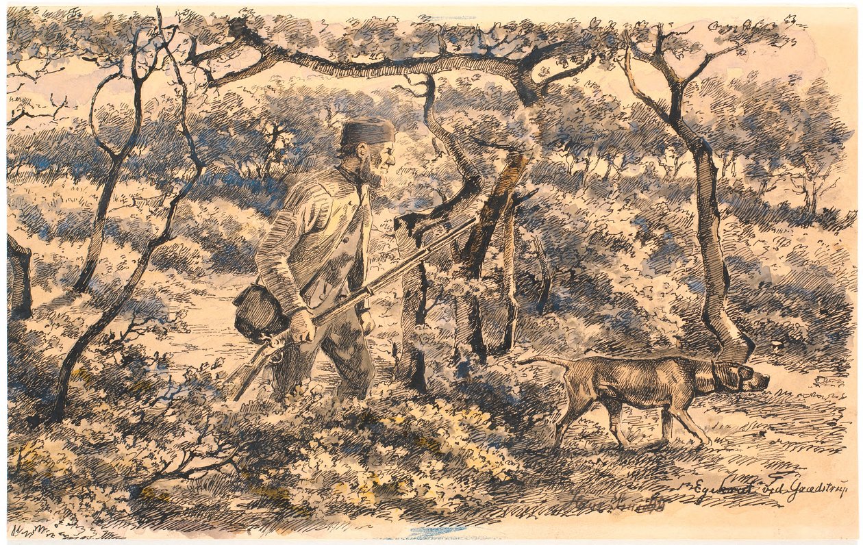 Bracconiere con cane nel bosco da Hans Smidth