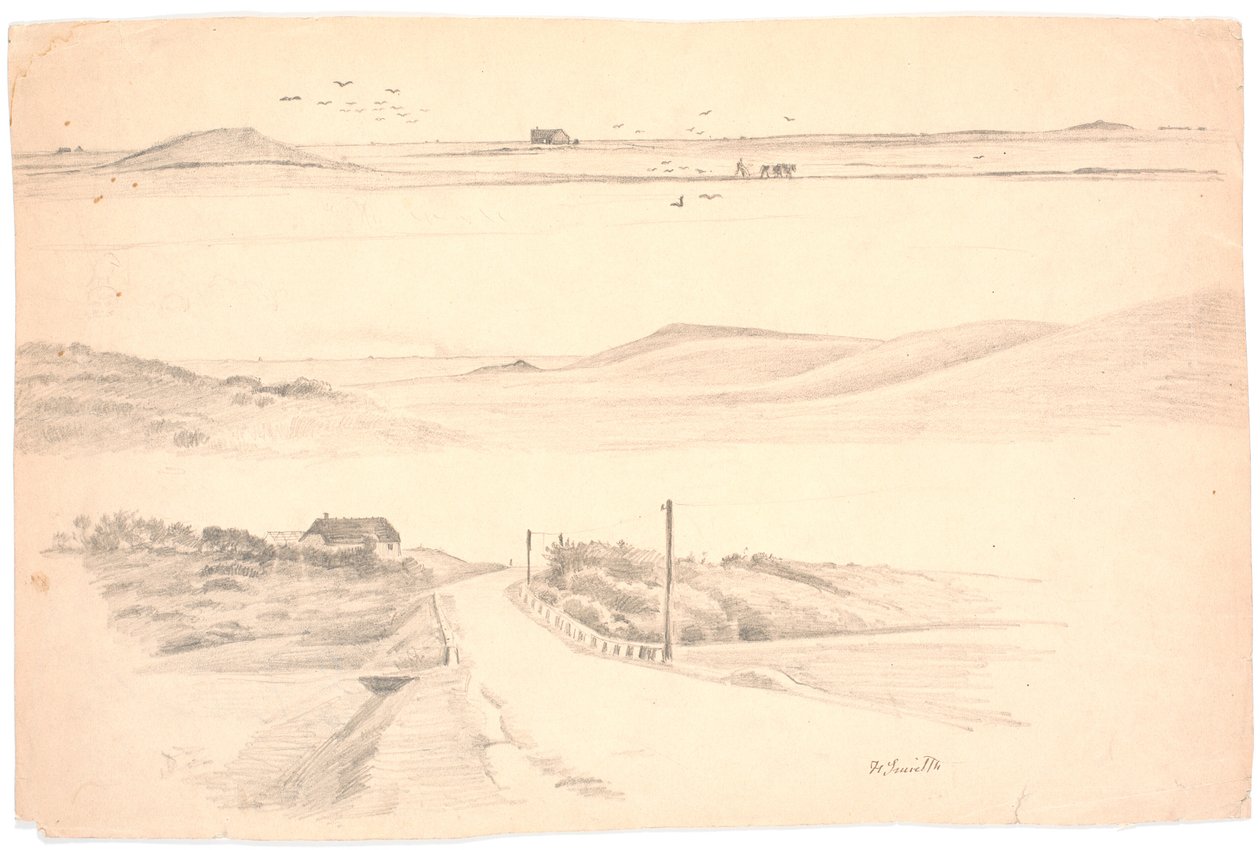 Foglio di studio con tre paesaggi dello Jutland. In alto: paesaggio con campo arato; al centro: paesaggio con alte colline; in basso: paesaggio con casa e strada da Hans Smidth