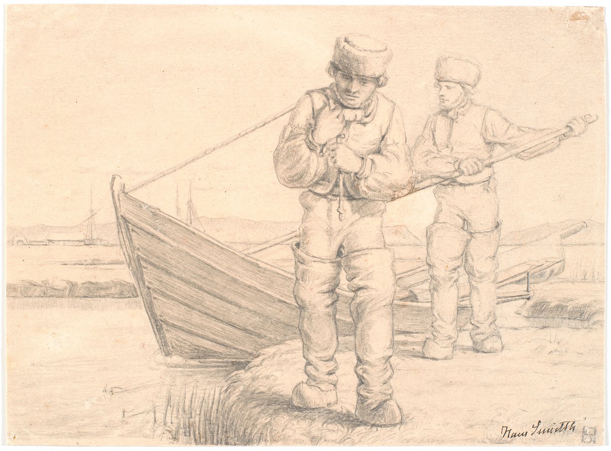 Due pescatori di Limfjord che tirano una barca da Hans Smidth