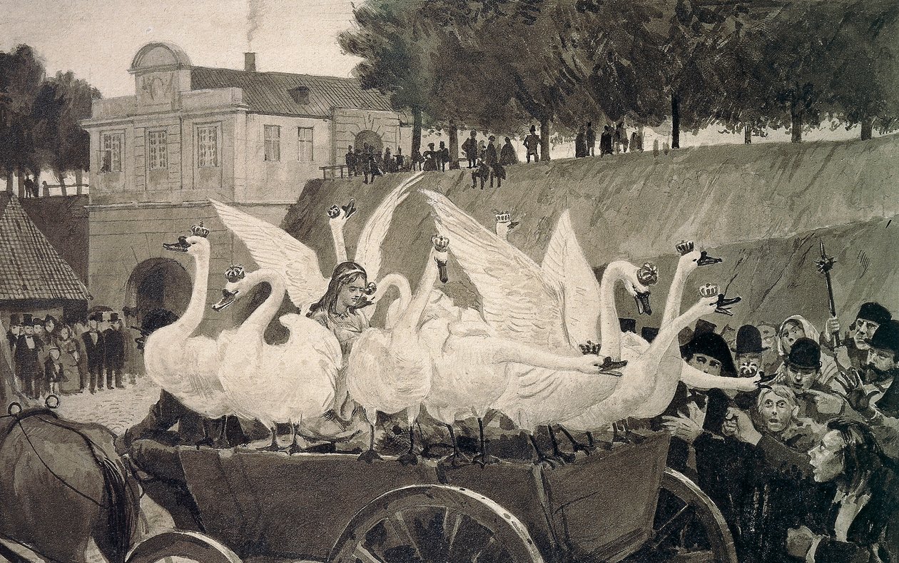 Cigni selvatici, illustrazione di Hans Tegner (1853-1932) per la fiaba di Hans Christian Andersen (1805-1875) da Hans Tegner