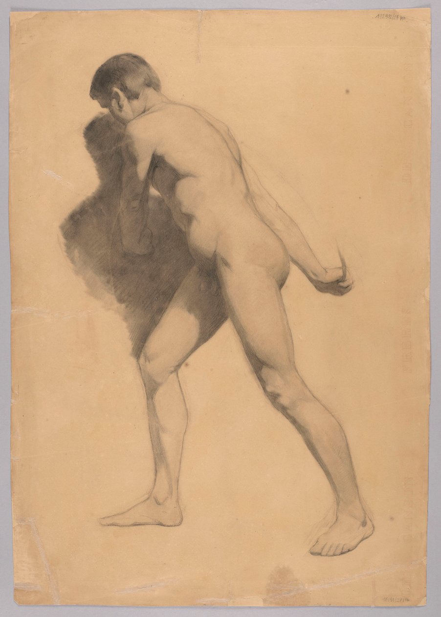 Nudo maschile di profilo, verso: Nudo di uomo seduto da Hans Thoma