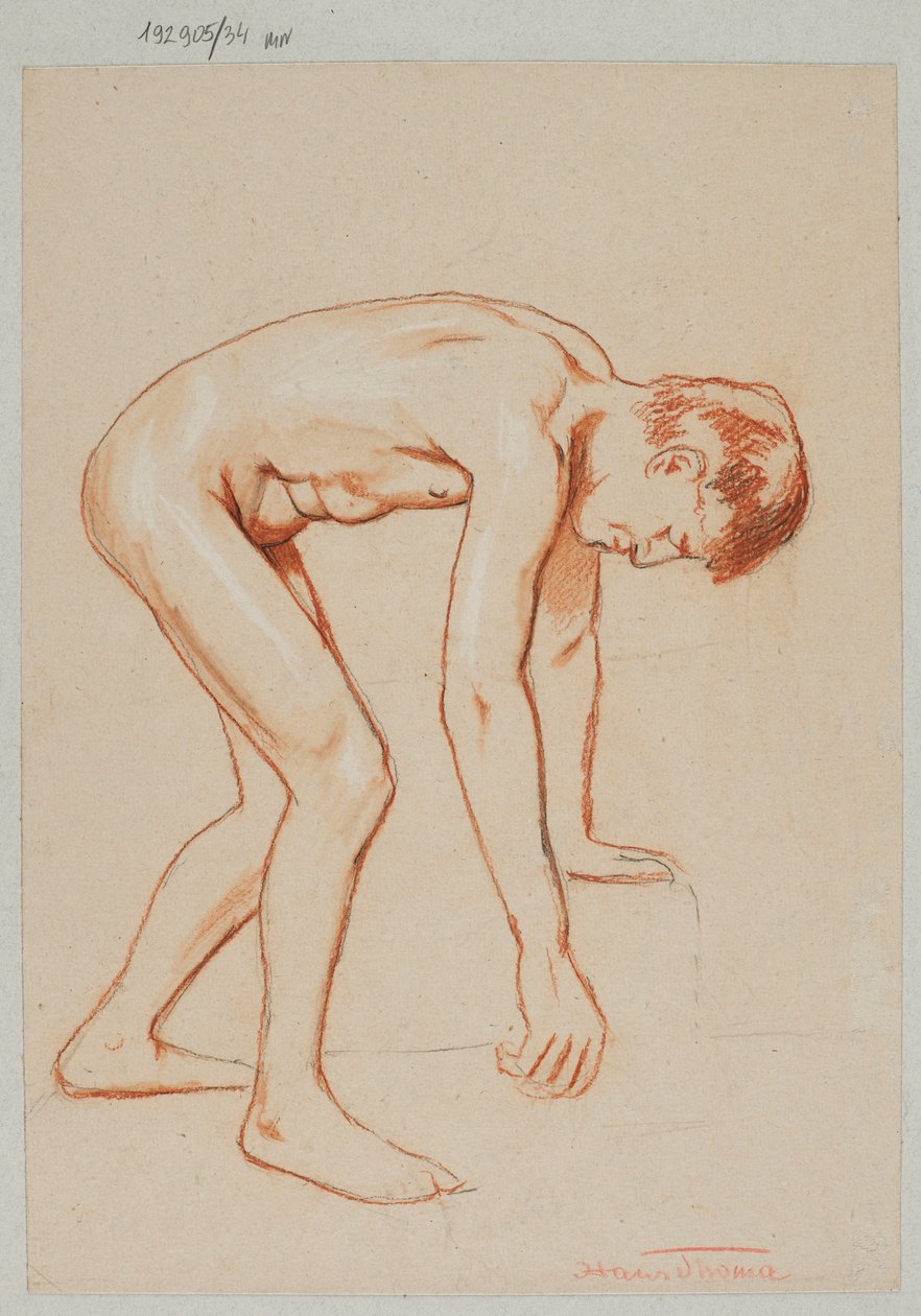 Nudo di giovane uomo chino in avanti, visto di profilo da Hans Thoma