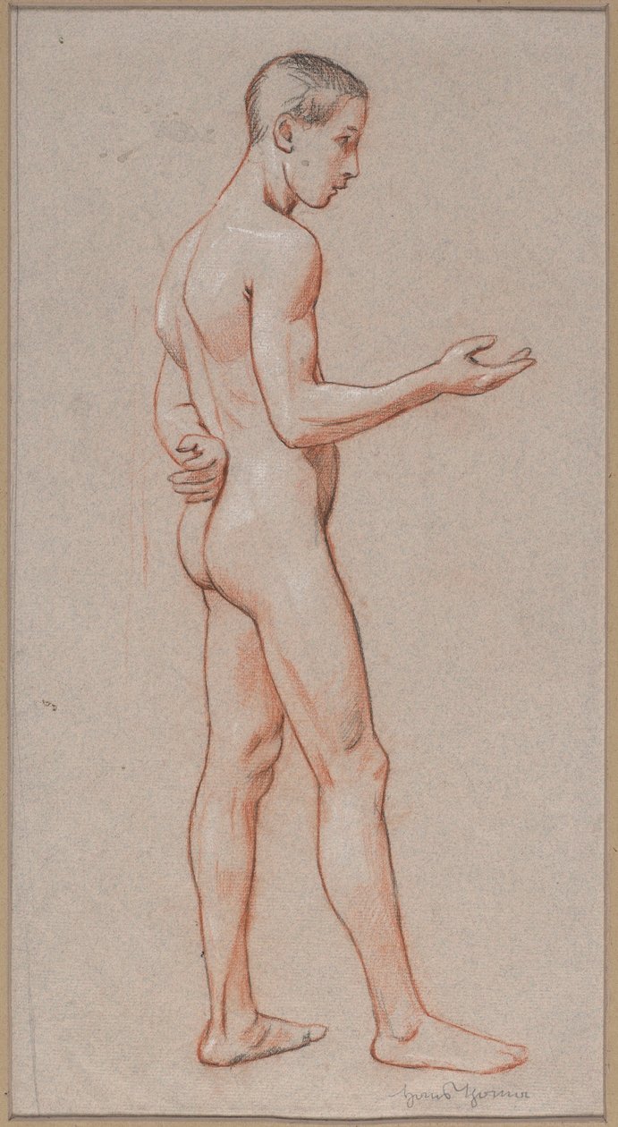 Nudo di giovane con il braccio teso, raffigurato in piedi di profilo da Hans Thoma