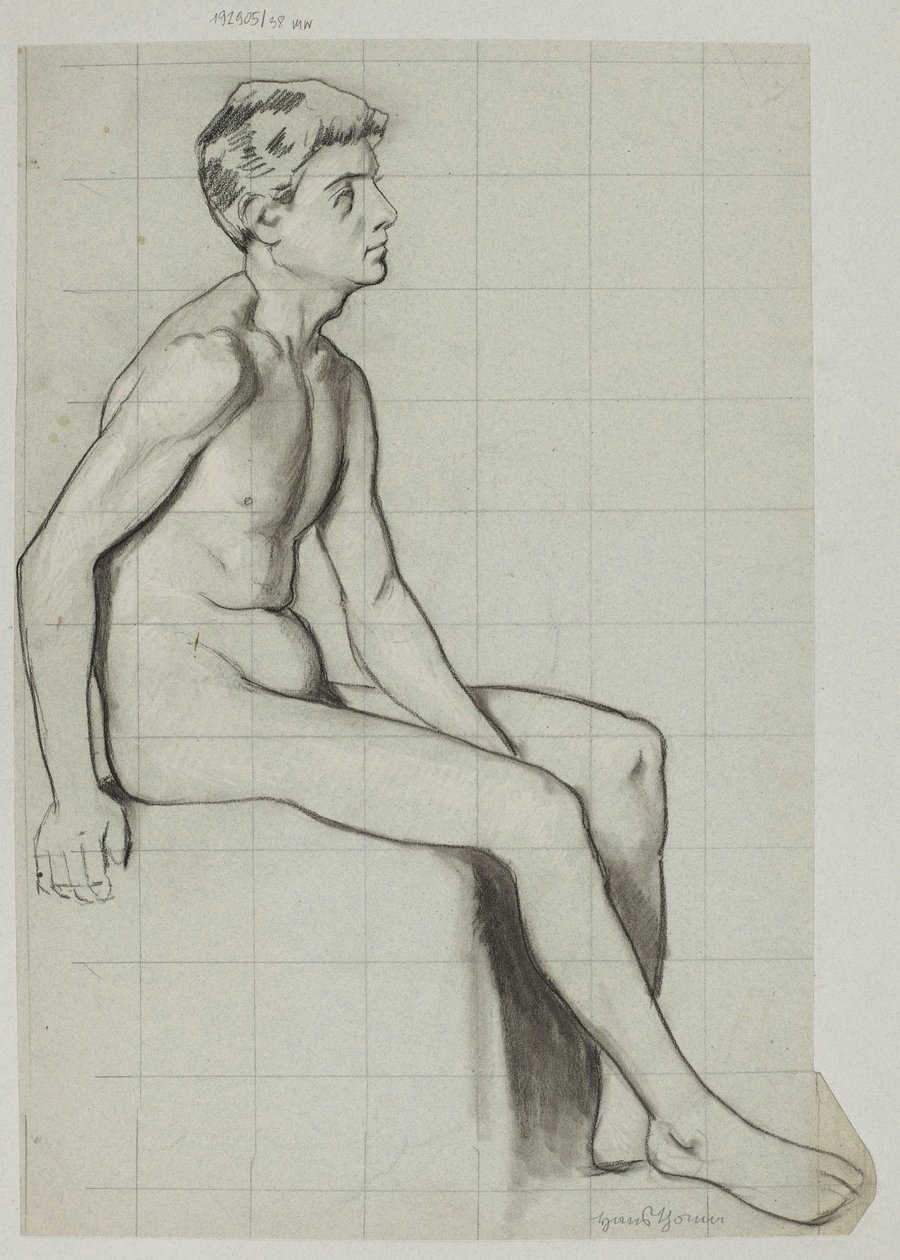Nudo di uomo seduto di profilo da Hans Thoma