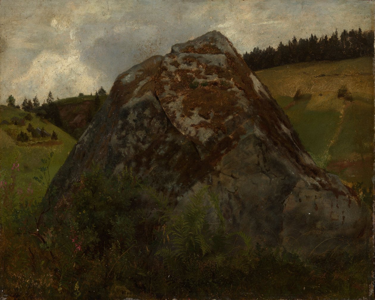 Masso roccioso in una valle ricoperta di prati da Hans Thoma