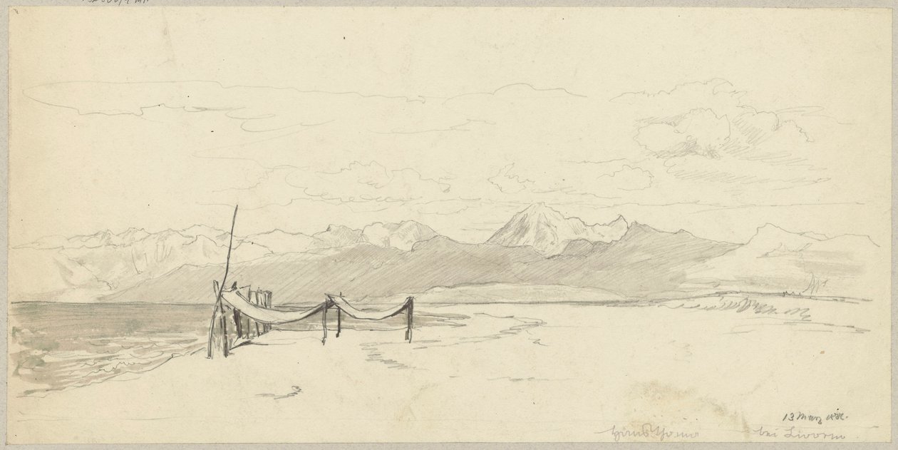 Frammento della costa marina nei pressi di Livorno con reti da pesca distese sulla spiaggia da Hans Thoma