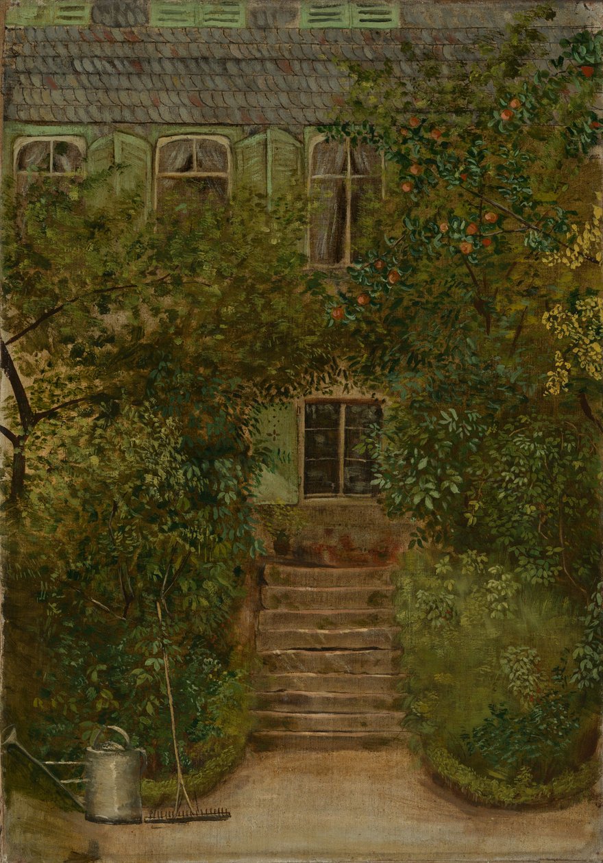 Giardino di una casa di campagna con annaffiatoio e rastrello da Hans Thoma