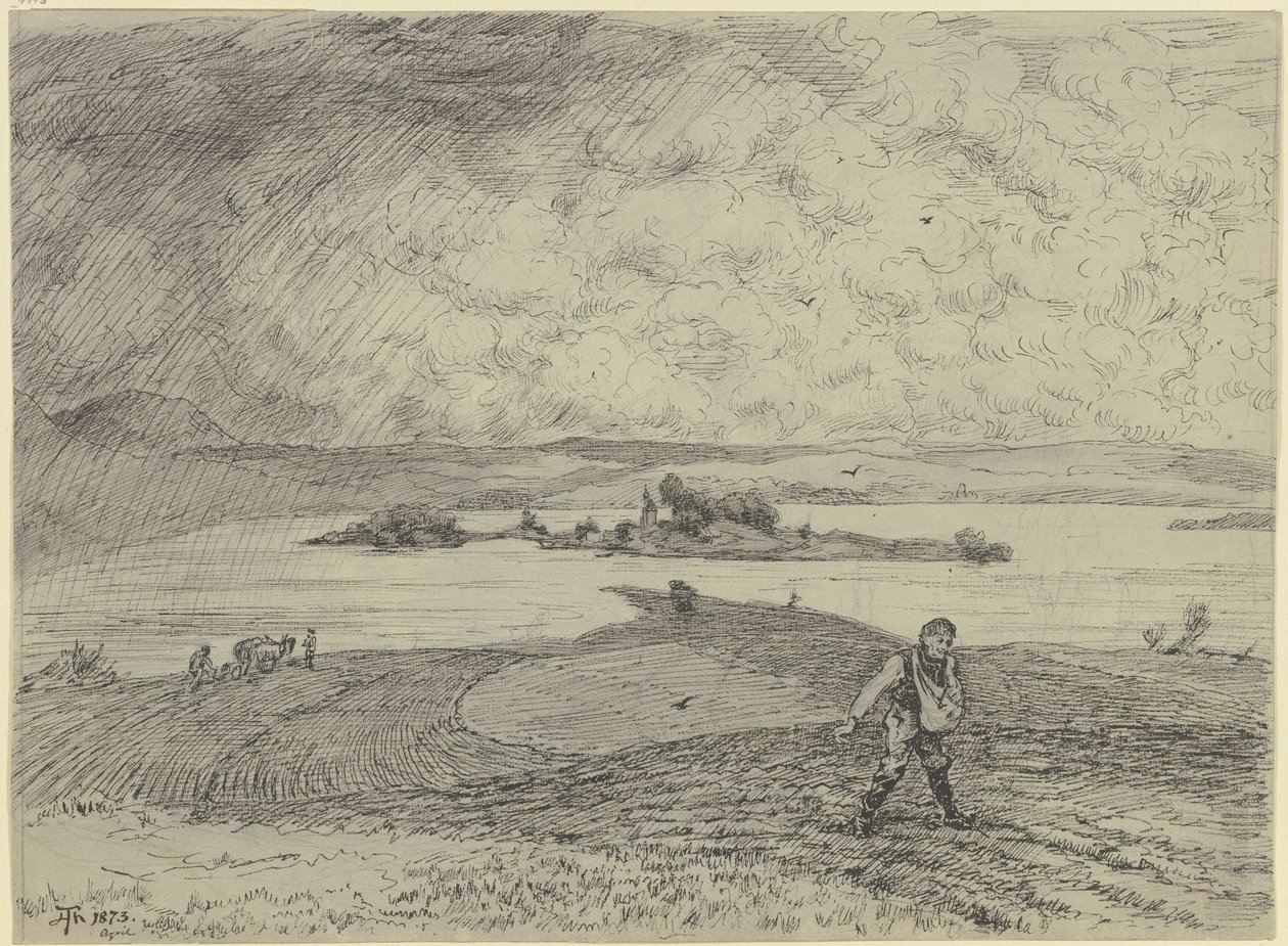Paesaggio con un seminatore; sullo sfondo, un lago con un’isola da Hans Thoma