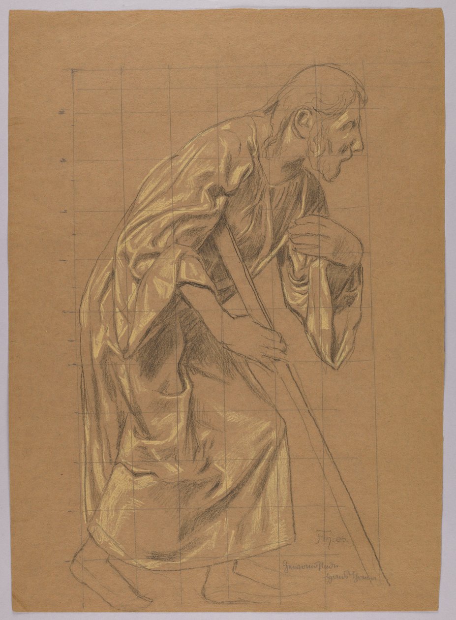 Uomo in lunga veste, appoggiato a un bastone, verso: schizzo della stessa figura da Hans Thoma