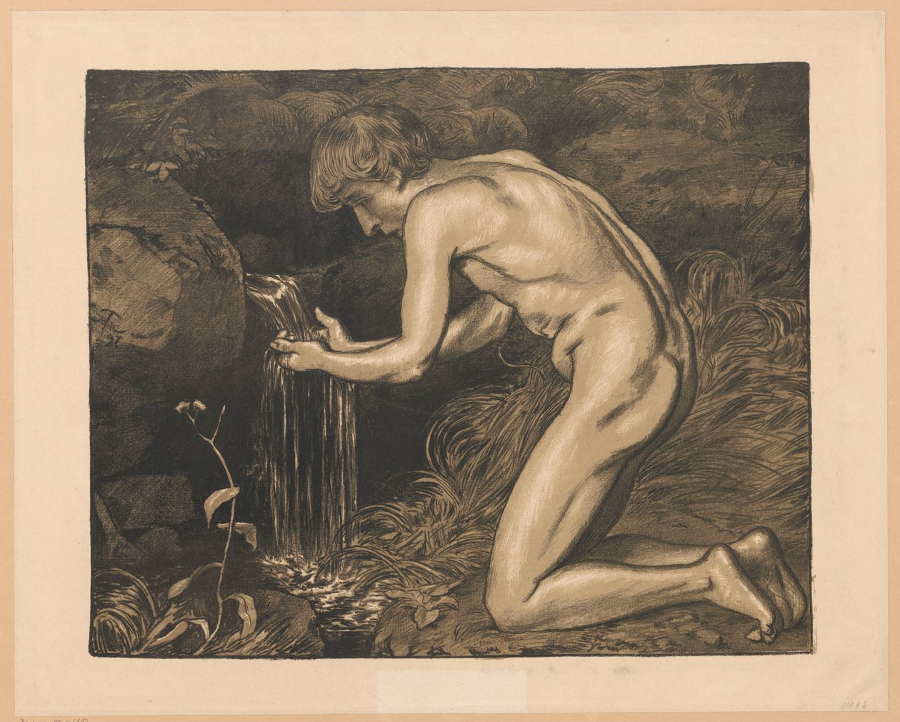 Giovane che attinge acqua da una sorgente, nudo da Hans Thoma