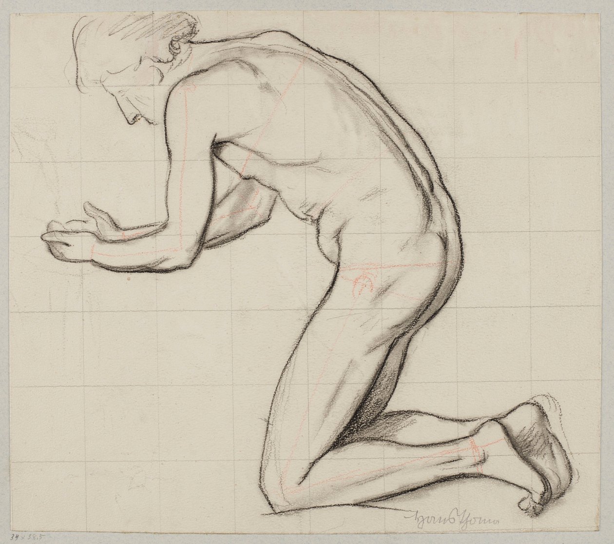 Giovane nudo inginocchiato presso una sorgente che raccoglie acqua nelle mani da Hans Thoma