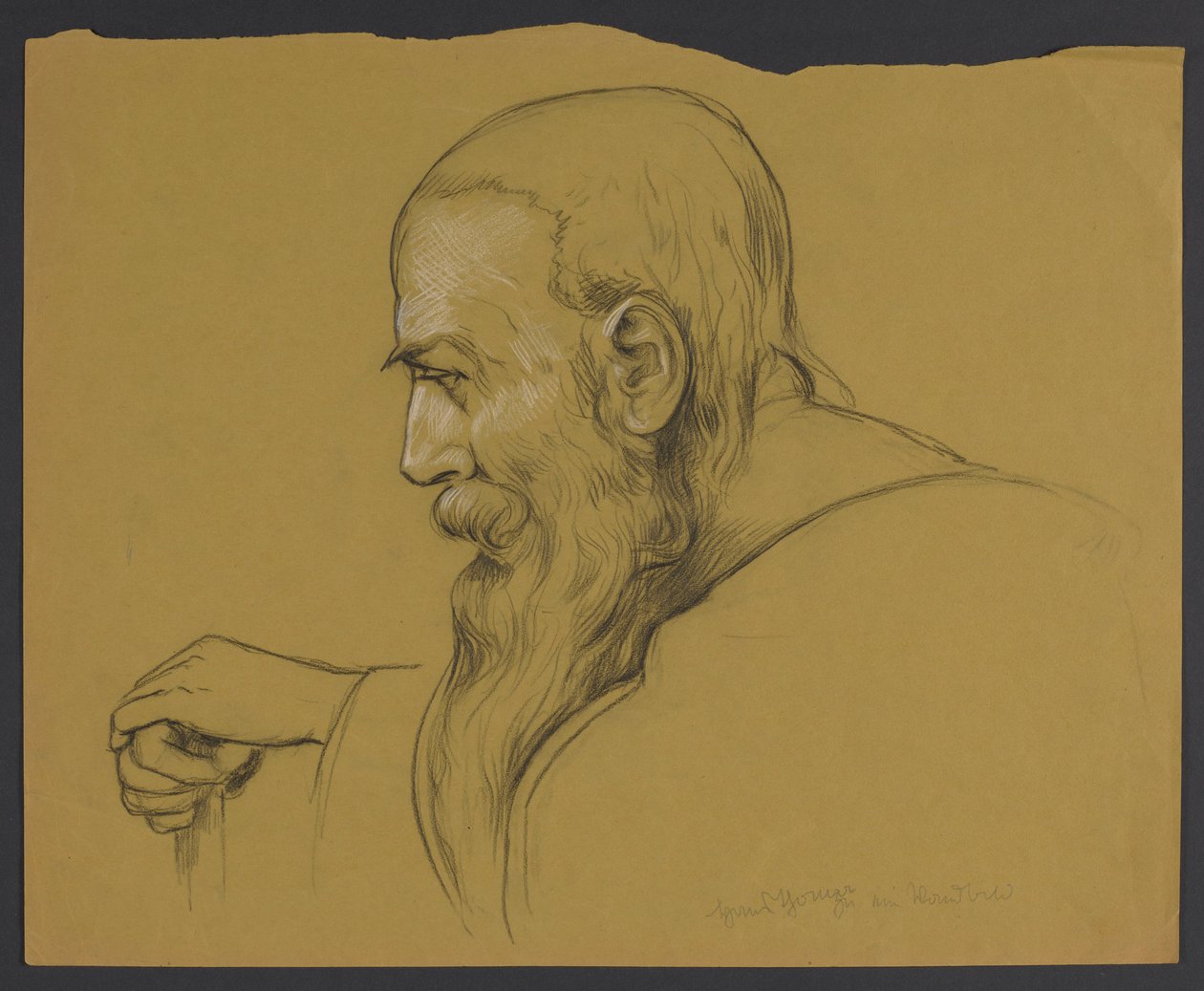 Busto di un anziano con una lunga barba che si appoggia con entrambe le mani a un bastone, raffigurato di profilo da Hans Thoma