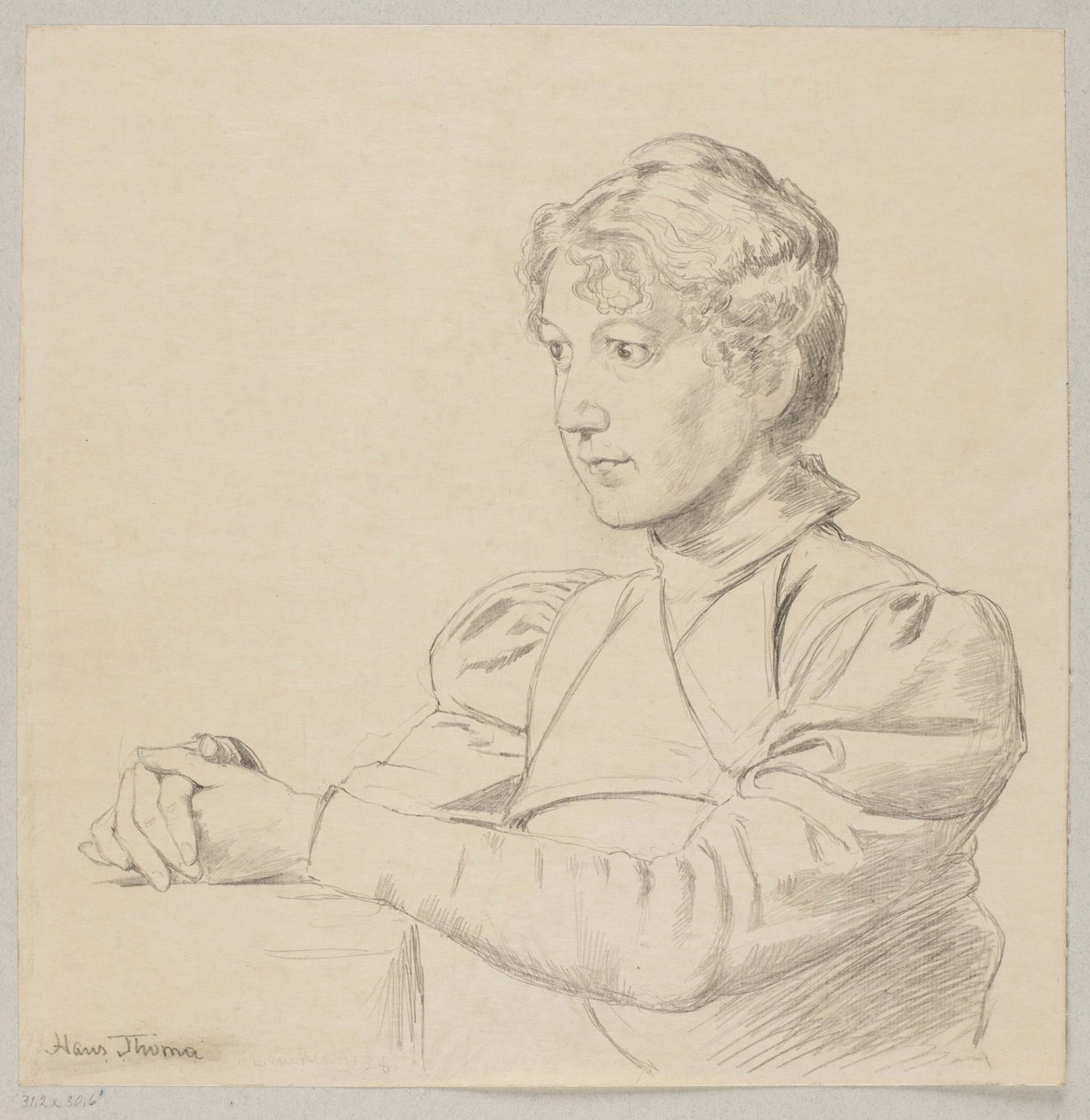 Ritratto di una ragazza con le mani appoggiate sul tavolo, raffigurata fino alla vita da Hans Thoma