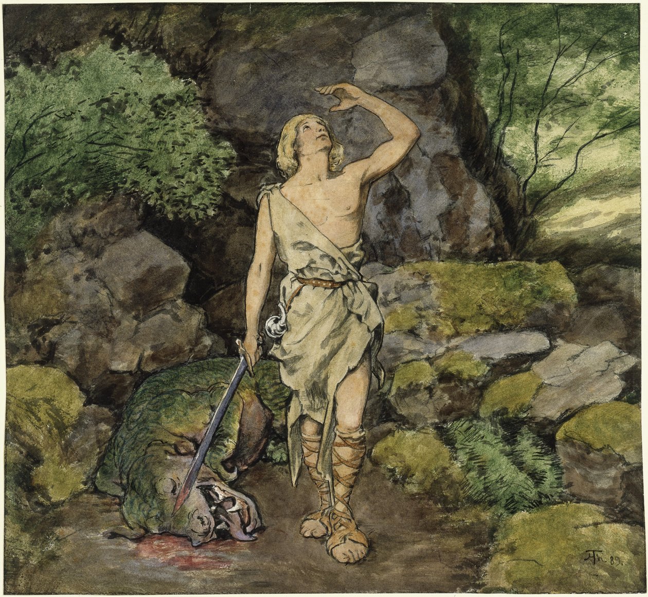 Siegfried con il drago ucciso da Hans Thoma