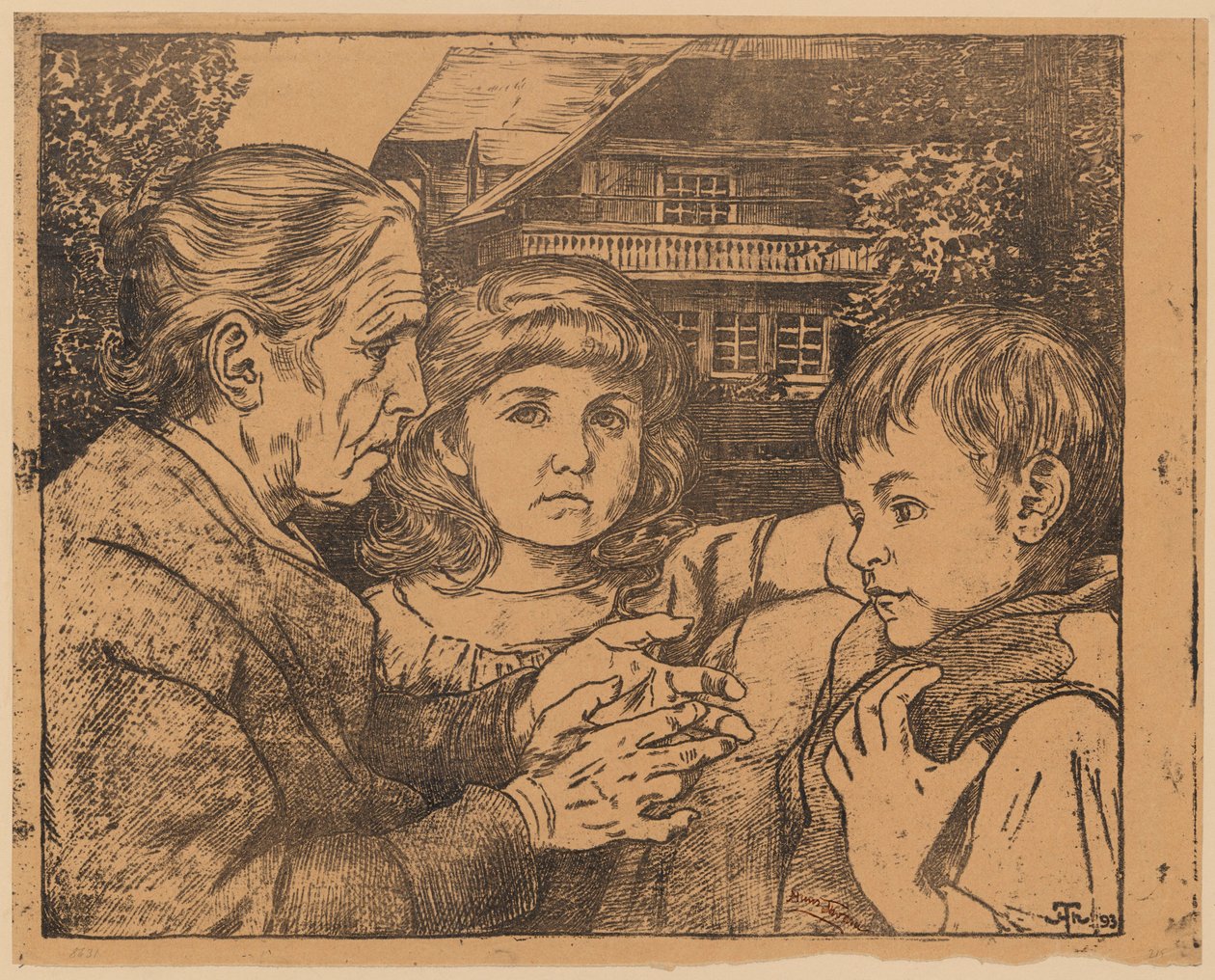 Una donna anziana che racconta fiabe a due bambini davanti a una casa della Foresta Nera da Hans Thoma