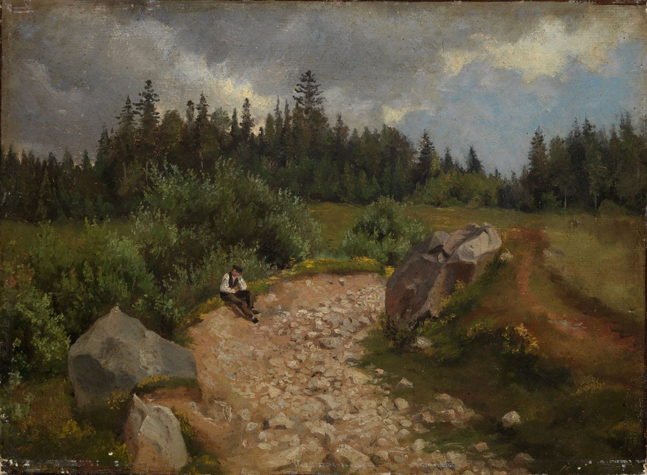 Sentiero sassoso ai margini del bosco con un uomo seduto da Hans Thoma