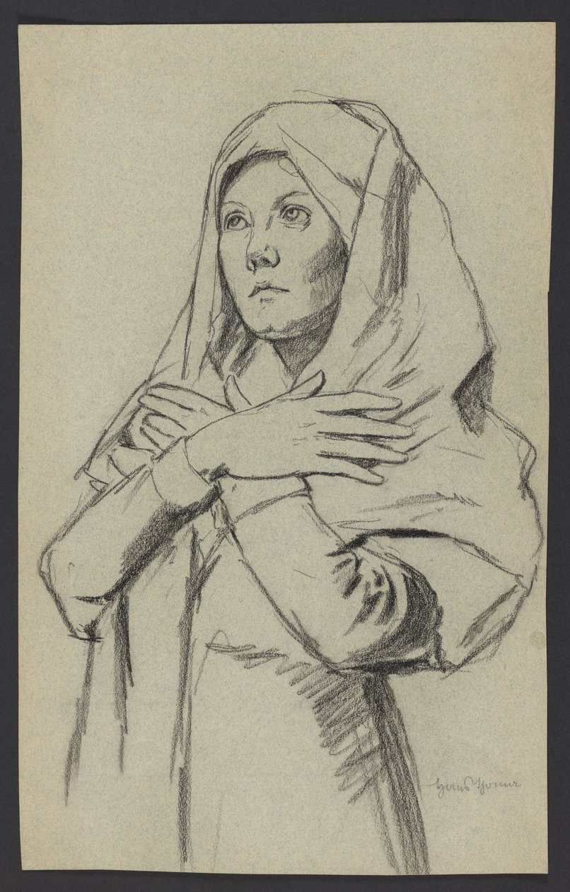Ritratto di una giovane donna con un lungo foulard, con le mani incrociate sul petto da Hans Thoma