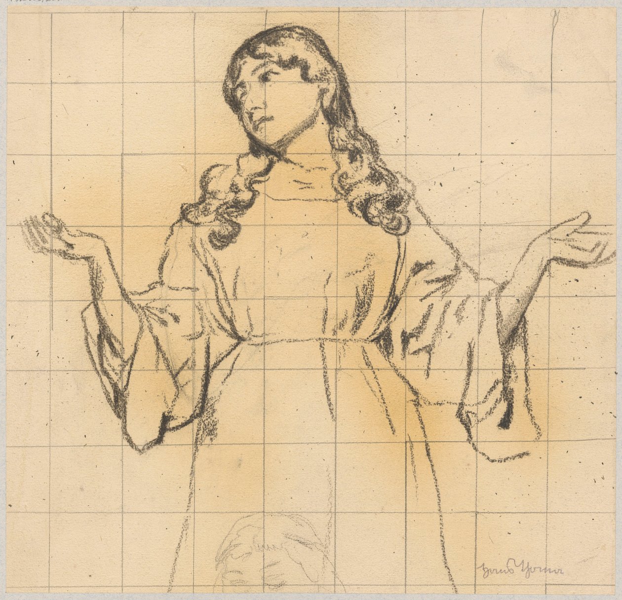 Ritratto di una giovane donna in abito ampio con le braccia alzate da Hans Thoma