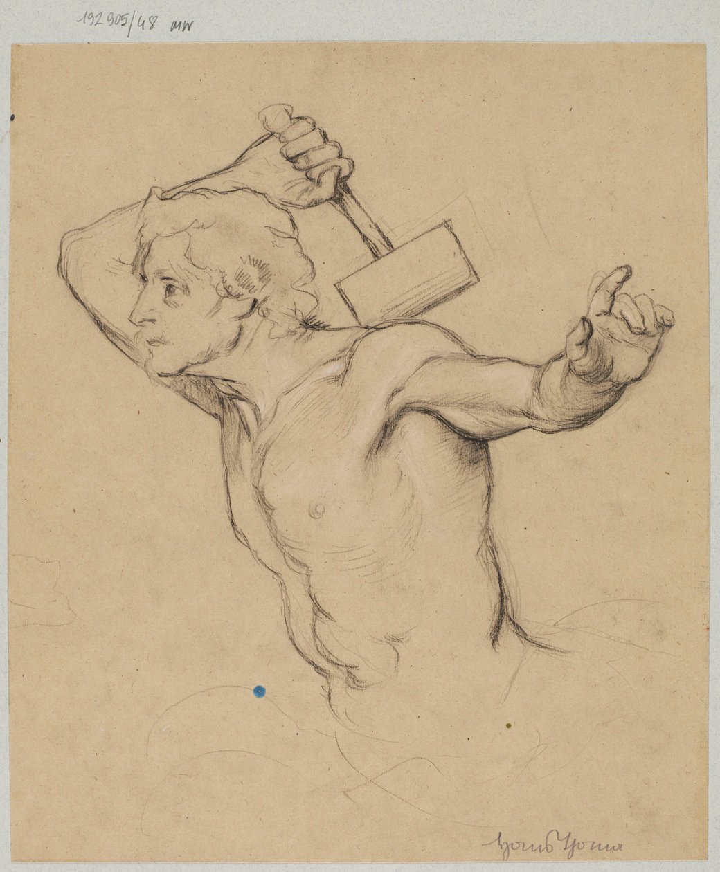 Studio di un uomo nudo, raffigurato fino alla vita, mentre solleva un martello da Hans Thoma