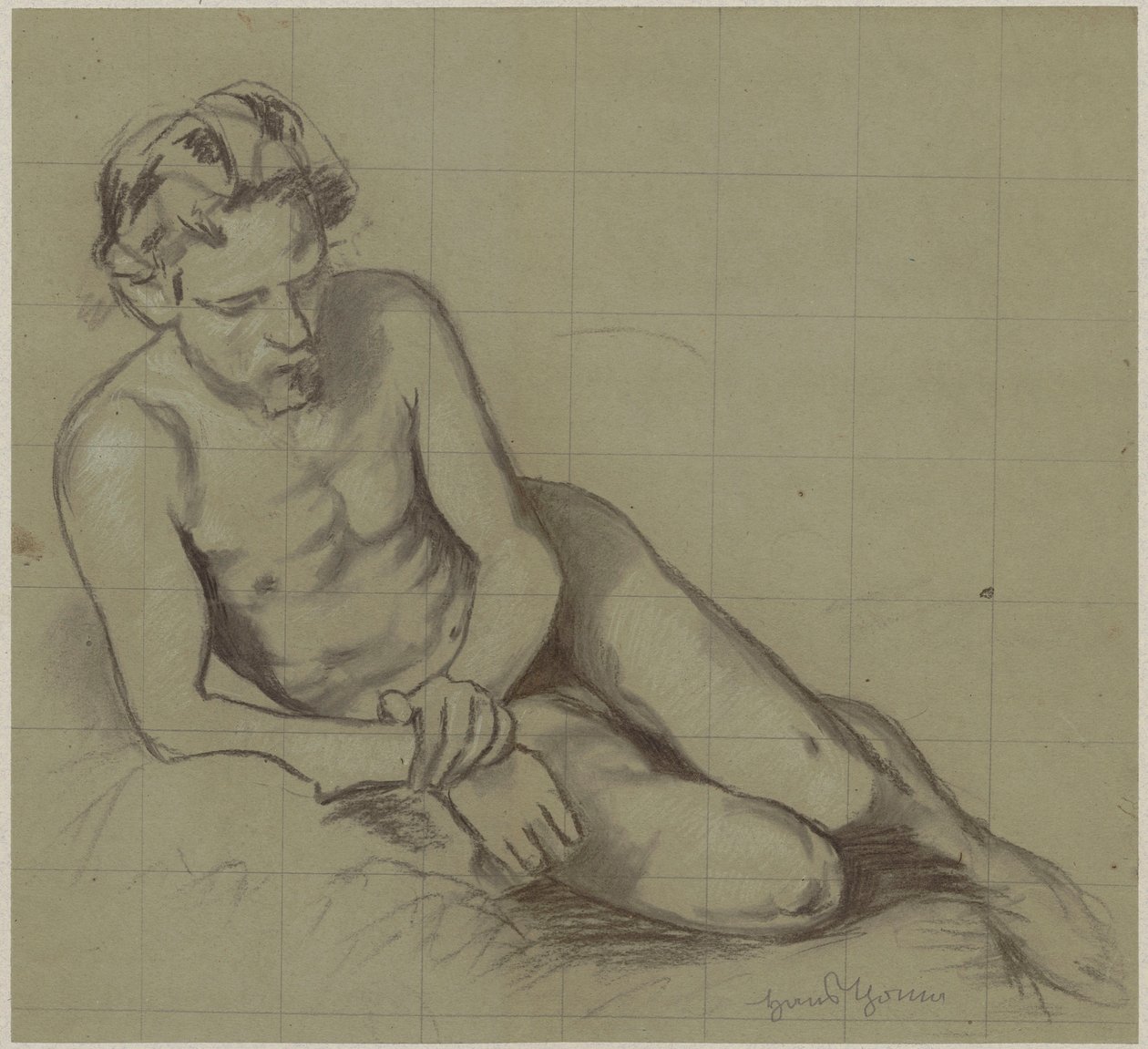 Studio di un uomo nudo sdraiato sul fianco destro da Hans Thoma