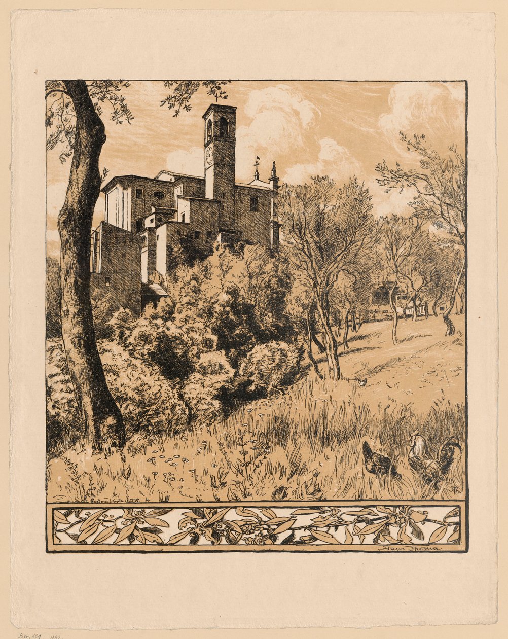 Vista della chiesa di San Nicola Taumaturgo sulla collina di Gardone Riviera, sul Lago di Garda, in Lombardia, con una bordatura in basso decorata con motivi a ramoscello d