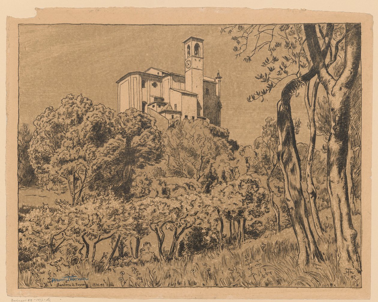 Vista della chiesa di San Nicola Taumaturgo sulla collina di Gardone Riviera, sul Lago di Garda, in Lombardia da Hans Thoma