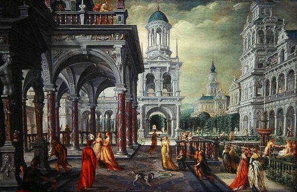 Bathsheba e Davide con sfondo architettonico da Hans Vredeman de Vries