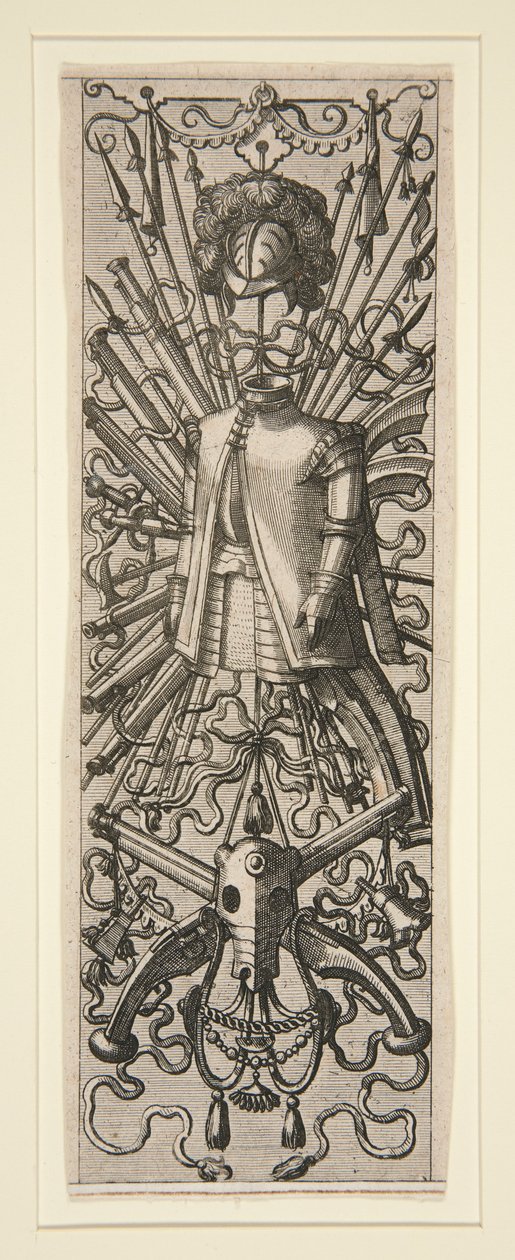 Un foglio da un set di 16 decorazioni a pannelli e fregi con trofei da Hans Vredeman de Vries