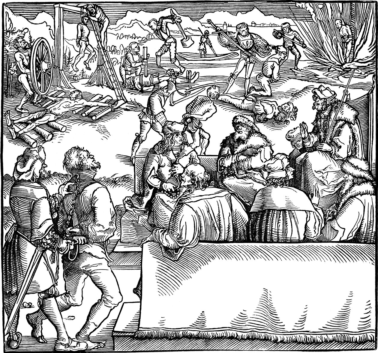 Sessione di corte. Illustrazione dal libro Phisicke Against Fortune di Petrarca, 1532 da Hans Weiditz the Younger