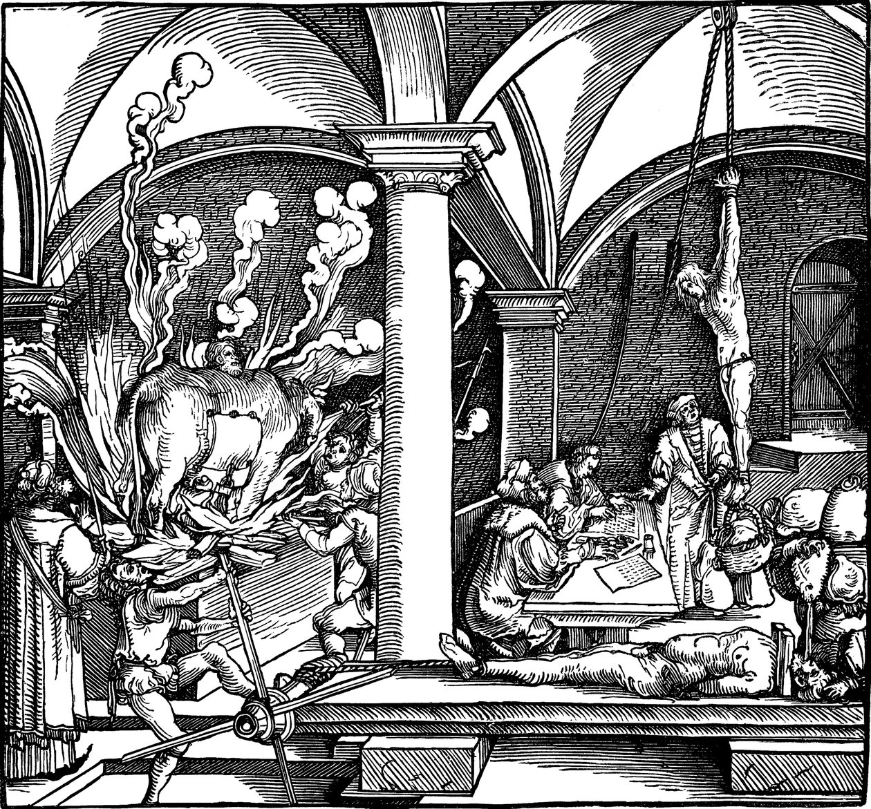Tortura. Illustrazione dal libro Phisicke Against Fortune di Petrarca, 1532 da Hans Weiditz the Younger
