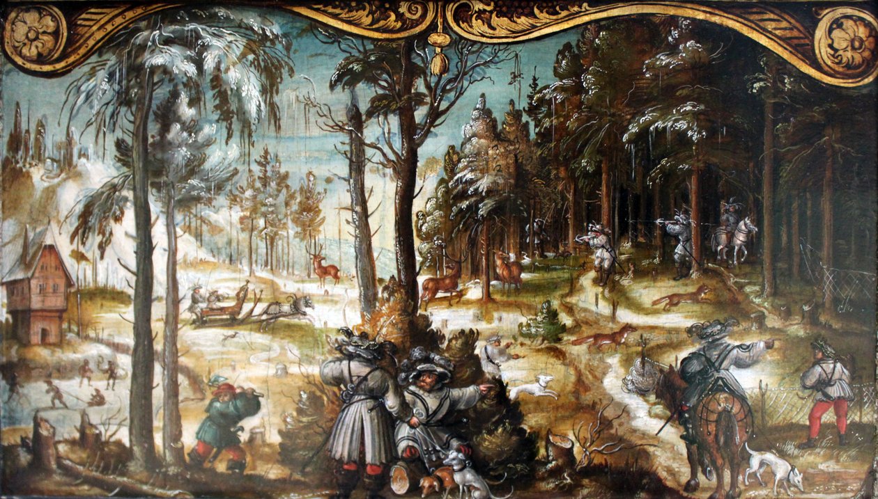Tedesco: Due pannelli di una serie di immagini di vita di campagna: Caccia alla volpe e al cervo in inverno Caccia alla volpe e al cervo in inverno da Hans Wertinger