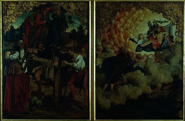 Storie degli altari di S.S Pietro e Paolo: dettaglio che mostra da sinistra a destra la crocifissione di San Pietro, San Paolo che ascende al cielo (dettaglio) da Hans von Klumbach