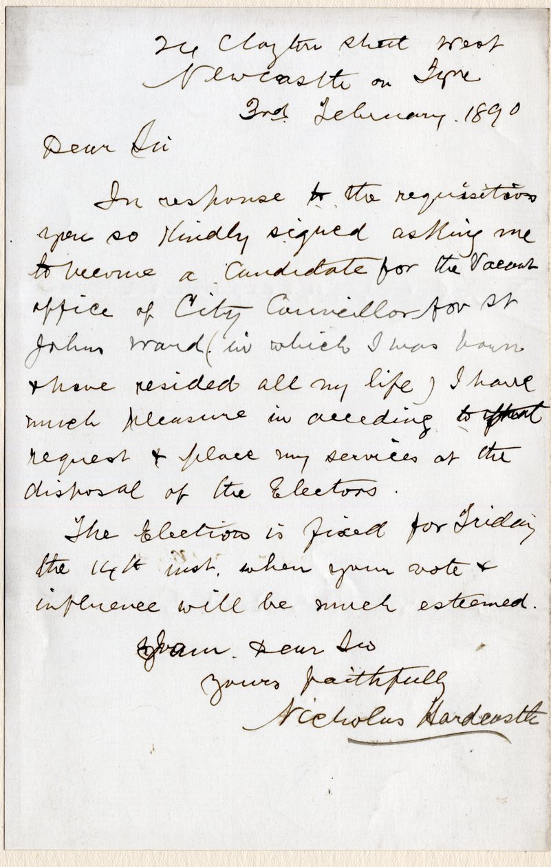Lettera di Nicholas Hardcastle che accetta l