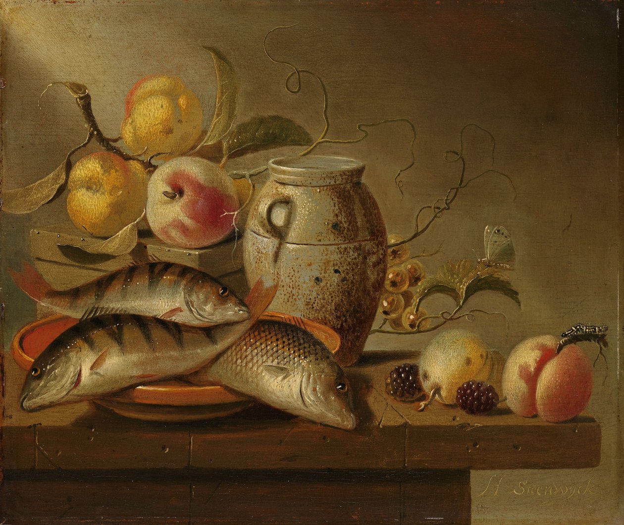 Natura Morta con Vaso di Terracotta, Pesce e Frutta da Harmen Steenwijck