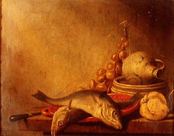 Una padella di pesce, una brocca di terracotta, cipolle e frutta da Harmen van Steenwyck
