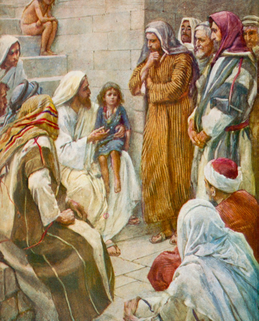 Il bambino in mezzo a noi, Luca, 9, 47 (litografia a colori) da Harold Copping