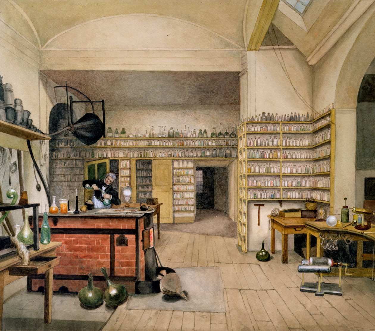 Michael Faraday (1791-1867) nel suo laboratorio nel seminterrato, 1852 da Harriet Jane Moore