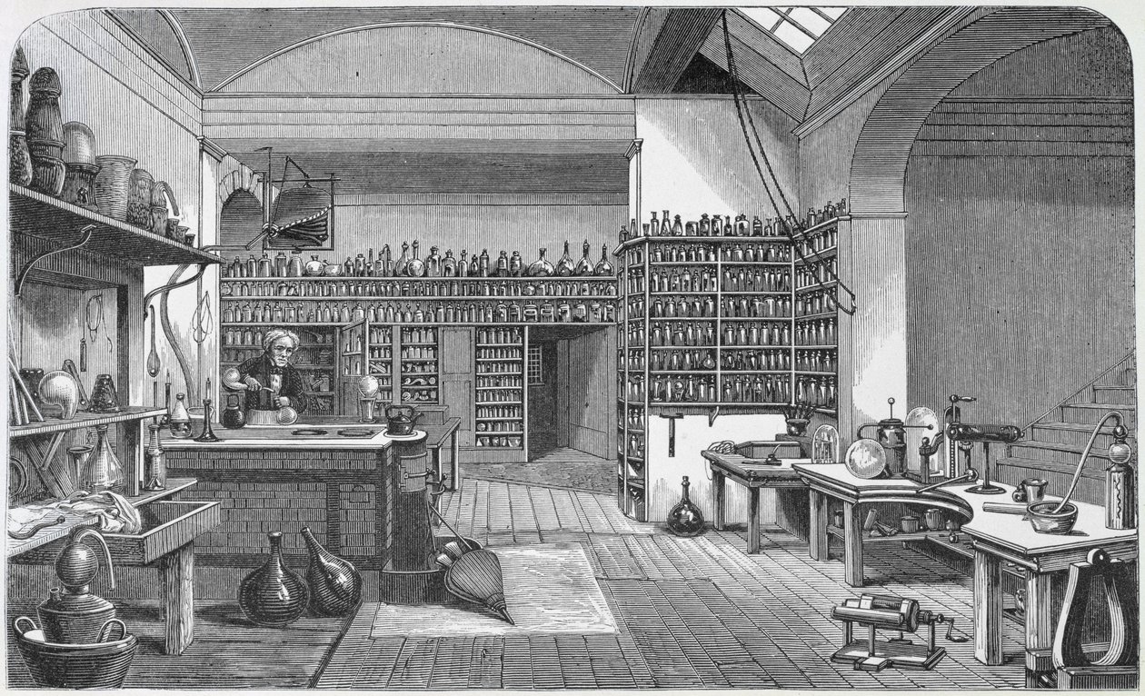 Michael Faraday (1791-1867) nel suo laboratorio nel seminterrato, da 