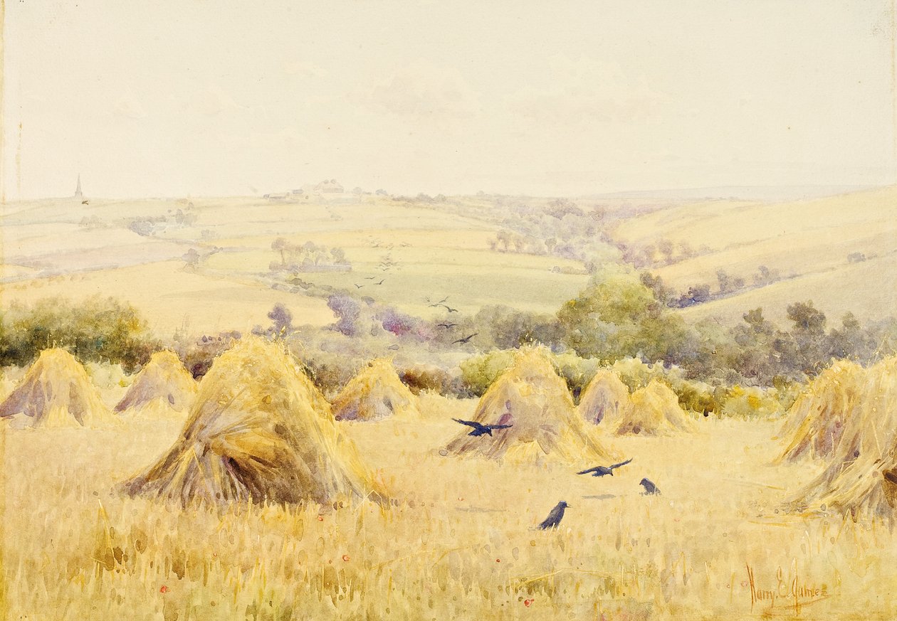 Veduta di un campo di grano con corvi da Harry E. James