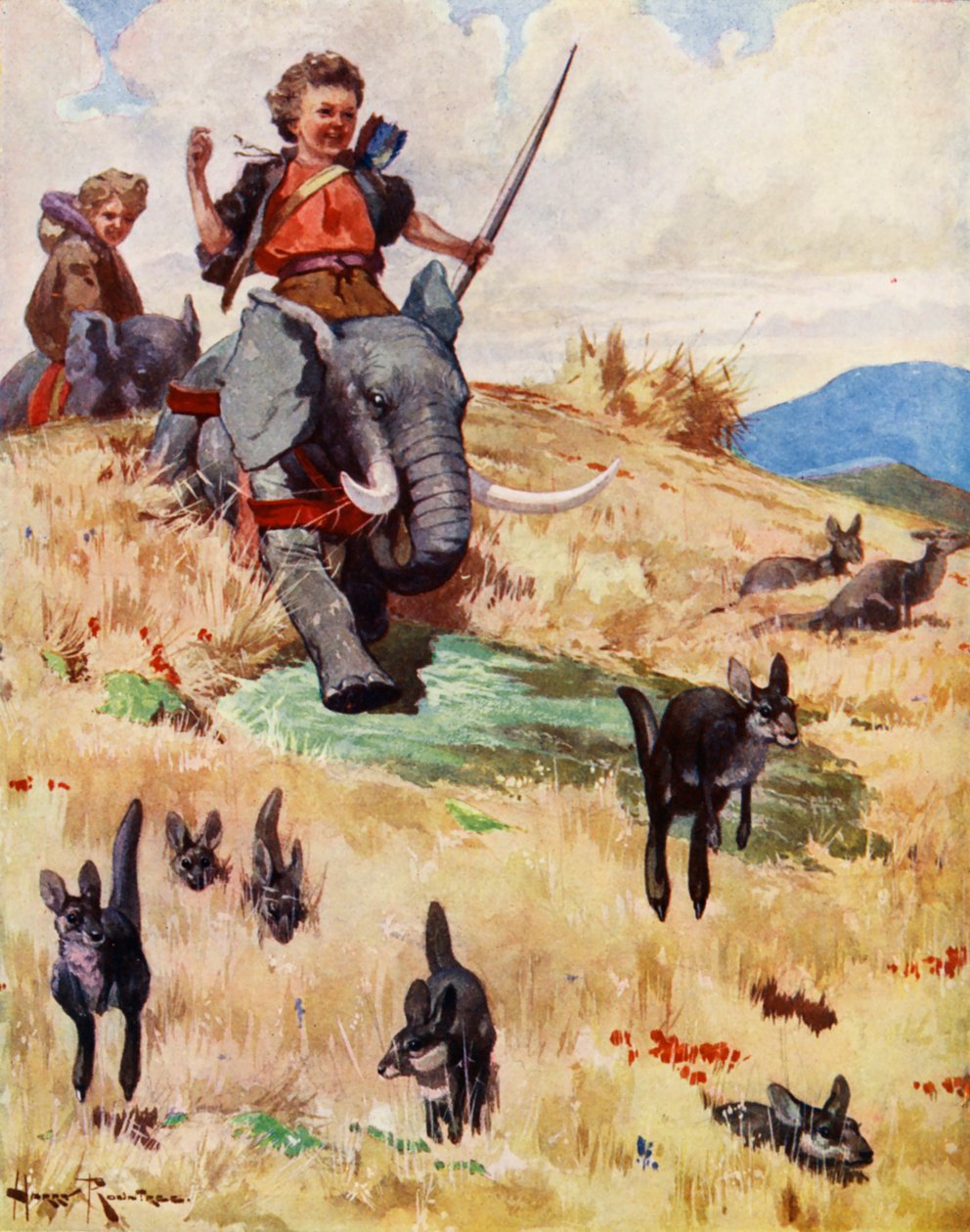 Caccia ai canguri (litografia a colori) da Harry (1878-1950) Rountree