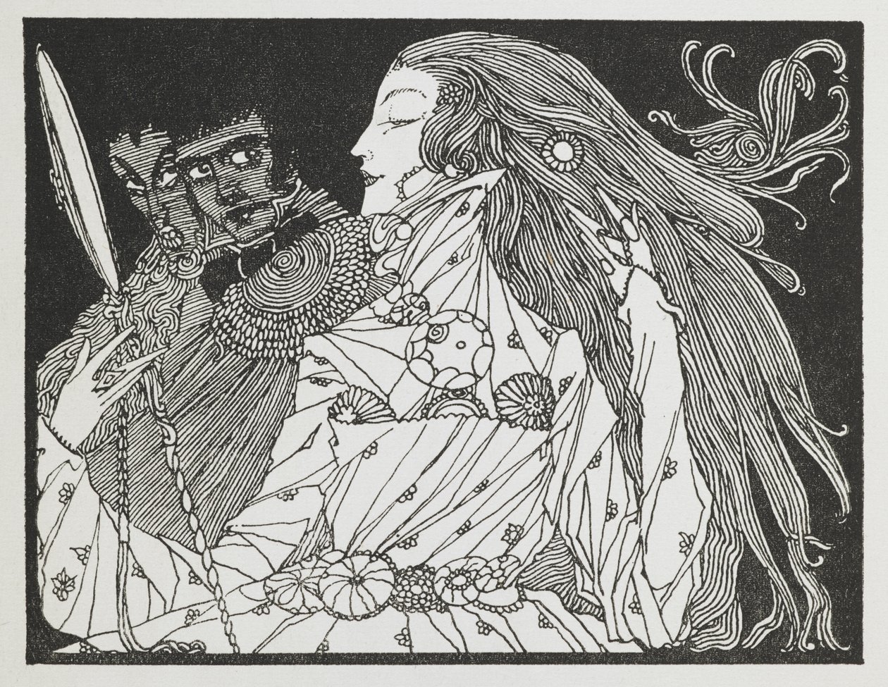 Illustrazione per la storia Cenerentola. Una donna che guarda il suo riflesso in uno specchio a mano da Harry Clarke