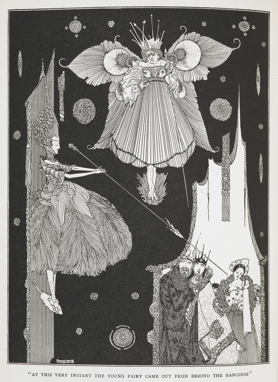 In questo stesso istante la giovane fata uscì da dietro le tende. Illustrazione per la storia La bella addormentata nel bosco da Harry Clarke