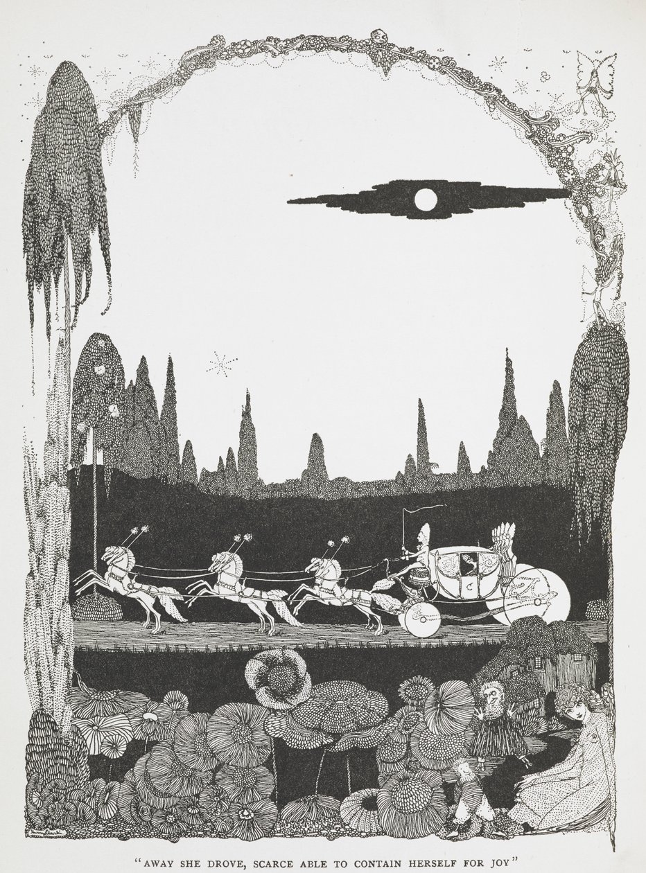 Via se ne andò, a malapena riuscendo a contenere la gioia. Illustrazione per la storia Cenerentola o la piccola scarpetta di vetro. da Harry Clarke