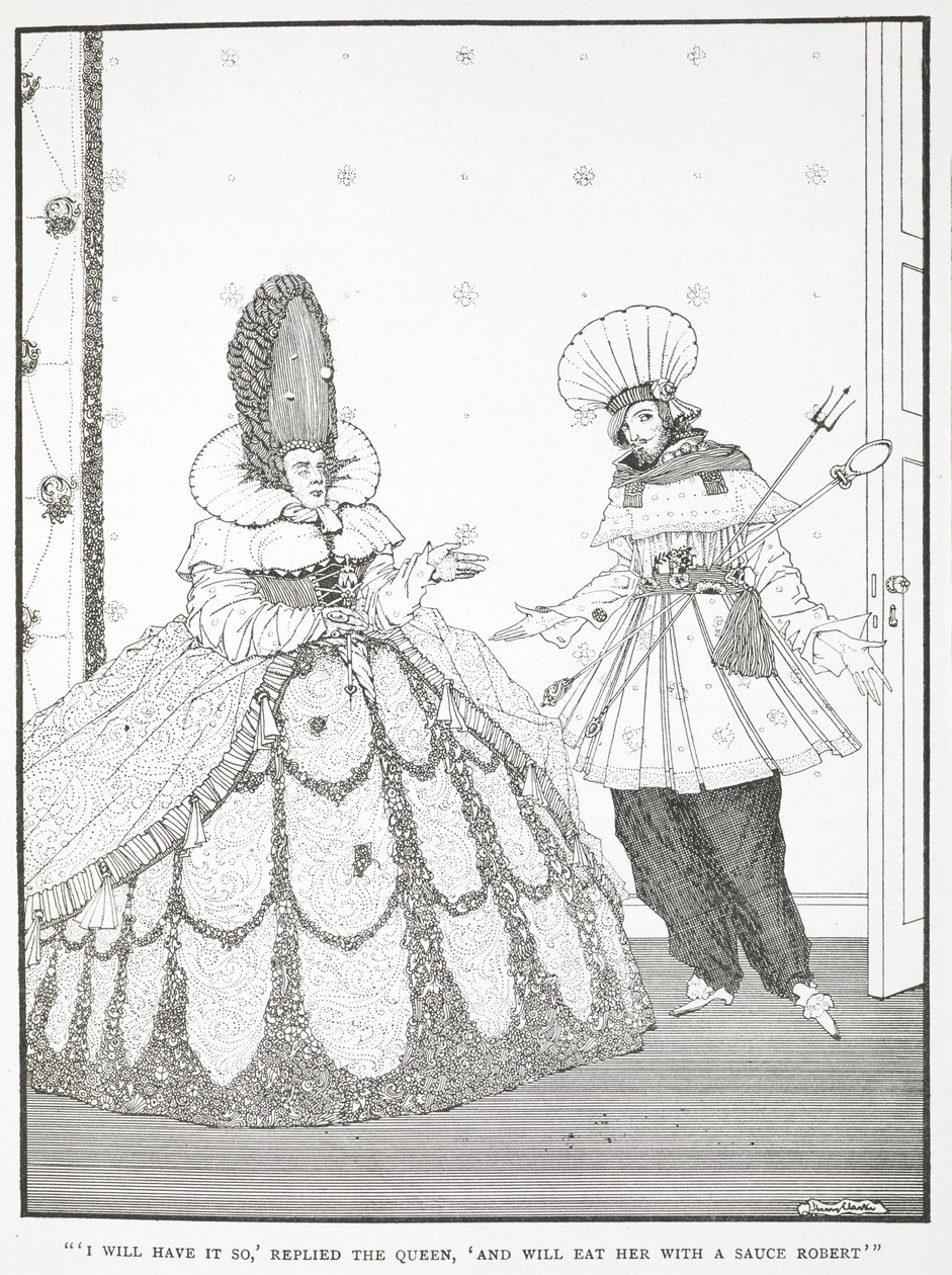 Lo voglio così, rispose la Regina, e la mangerò con una salsa Robert. Illustrazione per la storia La bella addormentata nel bosco da Harry Clarke