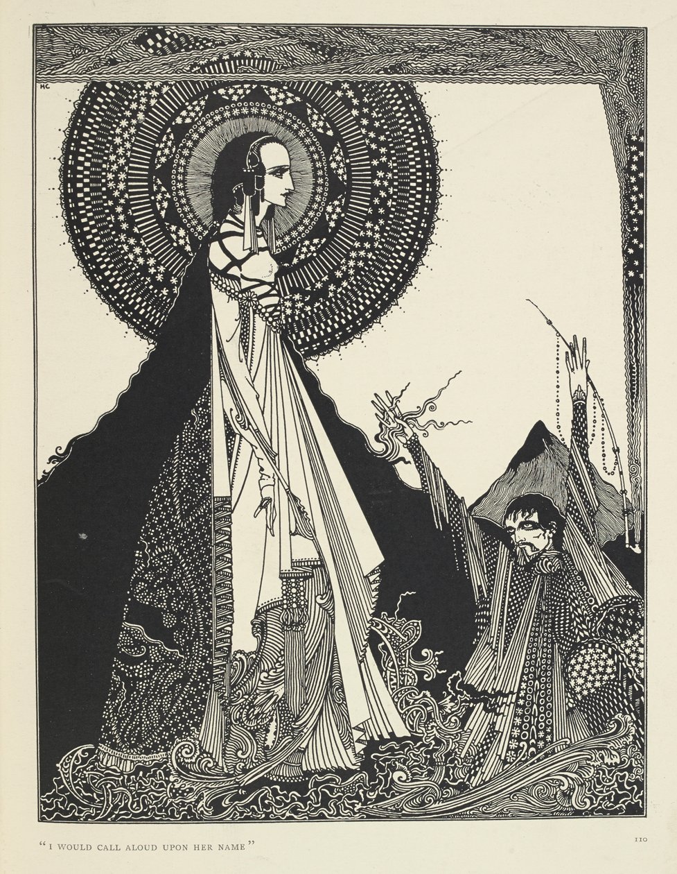 Chiamerei ad alta voce il suo nome. Illustrazione di Ligeia, un racconto. "Ligeia" è un racconto di Edgar Allan Poe. La storia segue un narratore senza nome e sua moglie Ligeia, una donna bella e intelligente dai capelli corvini. Si ammala, compone "Il da Harry Clarke