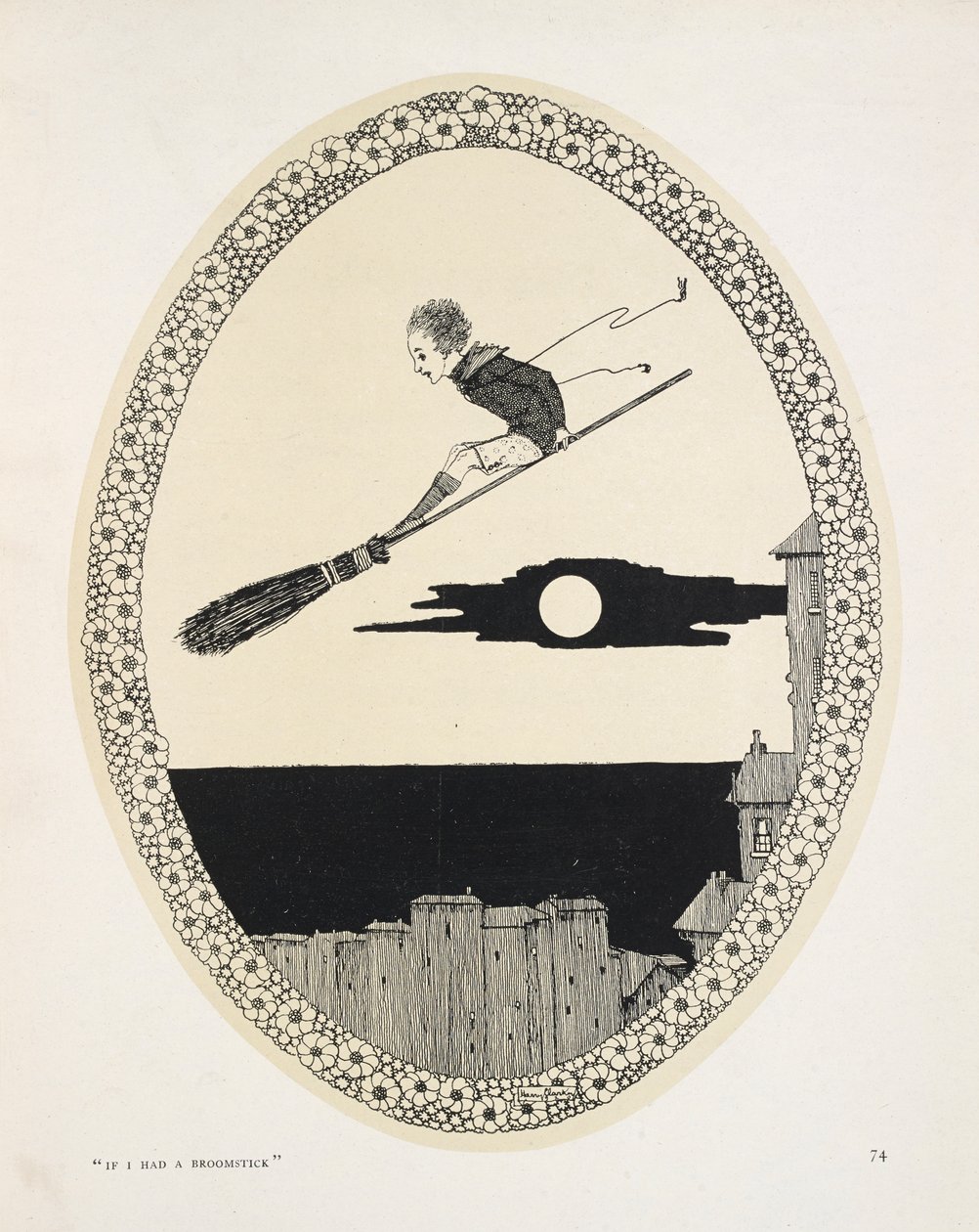 Se avessi una scopa. Illustrazione per una poesia di Patrick R. Chalmers. Un ragazzo su una scopa da Harry Clarke