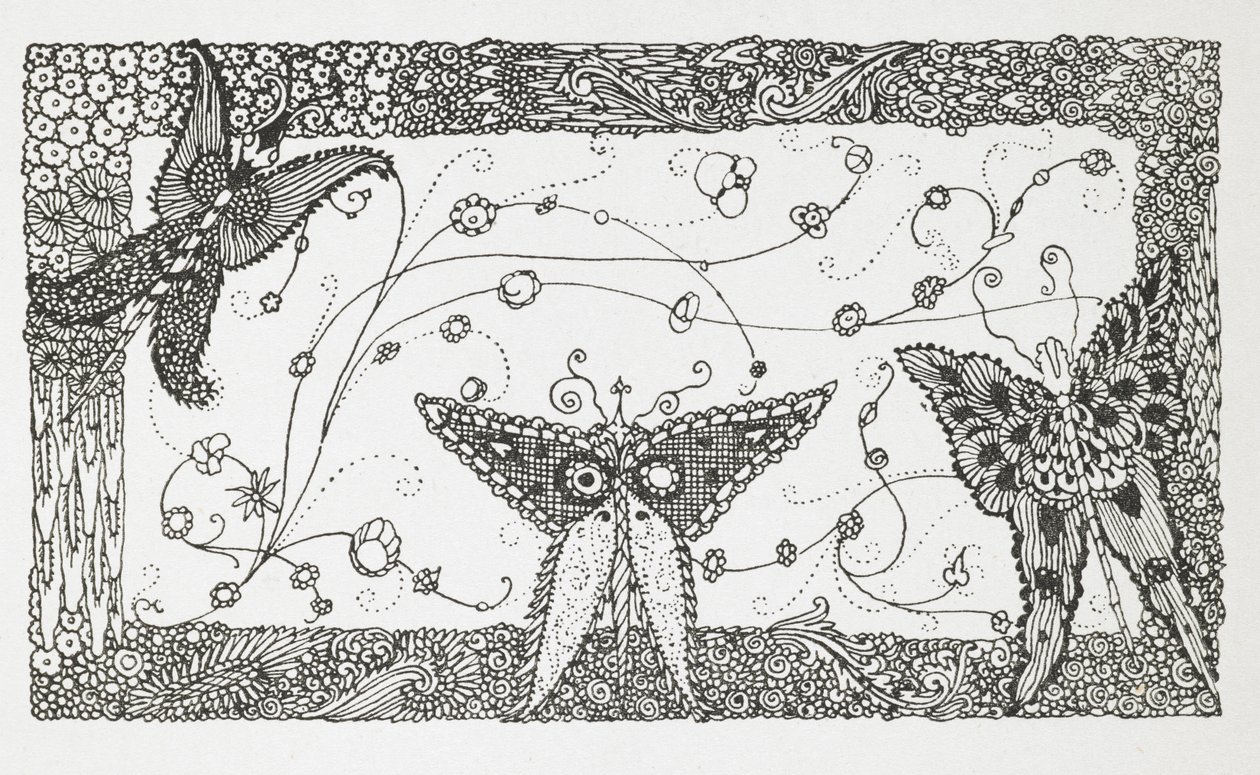 Illustrazione per la storia Il gatto con gli stivali. Un disegno di farfalla. da Harry Clarke