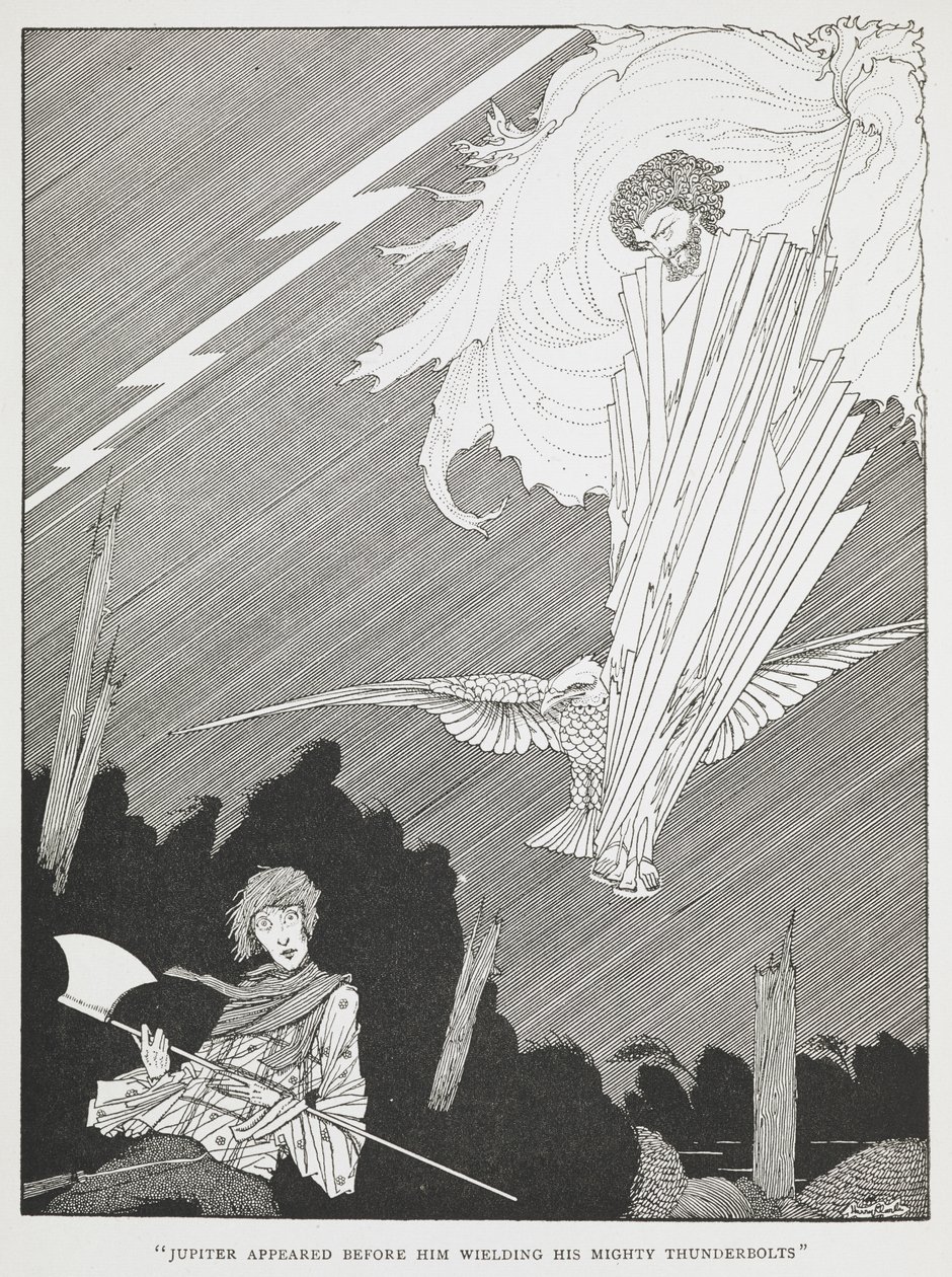 "Giove apparve davanti a lui brandendo i suoi potenti fulmini." Illustrazione per "i desideri ridicoli." da Harry Clarke